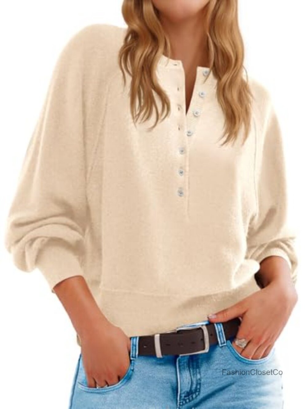 Womens Henley Sweater Loose Knit Pullover Long Sleeve Fall Top